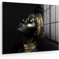 MuchoWow Glasschilderij 160x120 cm - Schilderij acrylglas - Vrouw - Goud - Portret - Modern - Foto op glas - Muurdecoratie woonkamer - Wanddecoratie slaapkamer - Schilderijen