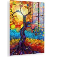 MuchoWow Glasschilderij 120x160 cm - Schilderij acrylglas - Boom - Zon - Verflook - Kleuren - Abstract - Foto op glas - Muurdecoratie woonkamer - Wanddecoratie slaapkamer - Schilderijen