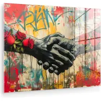 MuchoWow Glasschilderij 160x120 cm - Schilderij acrylglas - Graffiti - Rozen - Handen - Street art - Foto op glas - Muurdecoratie woonkamer - Wanddecoratie slaapkamer - Schilderijen