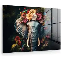 MuchoWow Glasschilderij 60x40 cm - Schilderij acrylglas - Olifant - Dieren - Bloemen - Natuur - Foto op glas - Muurdecoratie woonkamer - Wanddecoratie slaapkamer - Schilderijen