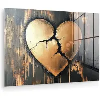 MuchoWow Glasschilderij 60x40 cm - Schilderij acrylglas - Gebroken hart - Goud - Houtlook - Liefde - Foto op glas - Muurdecoratie woonkamer - Wanddecoratie slaapkamer - Schilderijen