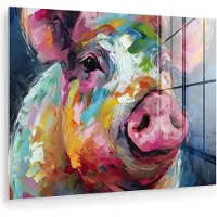 MuchoWow Glasschilderij 160x120 cm - Schilderij acrylglas - Varken - Olieverf - Dieren - Kunst - Foto op glas - Muurdecoratie woonkamer - Wanddecoratie slaapkamer - Schilderijen