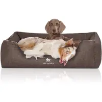 Knuffelwuff orthopedisch hondenbed Tampa van met laser gestikt kunstleer XXL 120 x 85cm bruingrijs