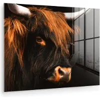 MuchoWow Glasschilderij 160x120 cm - Schilderij acrylglas - Schotse hooglander - Zwart - Koe - Hoorn - Dieren - Foto op glas - Muurdecoratie woonkamer - Wanddecoratie slaapkamer - Schilderijen