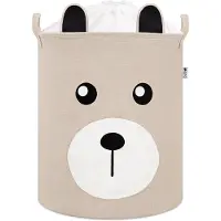 Sipo Beige Speelgoedopbergmand met Teddy Beer Gezicht - Katoenen Opbergbox - Kinderwasmand met Trekkoord - 43 Liter - 35x35x45 cm - Speelgoedmand -