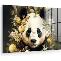 MuchoWow Glasschilderij 30x20 cm - Schilderij acrylglas - Panda - Pandabeer - Wilde dieren - Natuur - Bloemen - Foto op glas - Muurdecoratie woonkamer - Wanddecoratie slaapkamer - Schilderijen