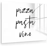 MuchoWow Glasschilderij 80x60 cm - Schilderij acrylglas - Quote - Pizza, Pasta, Vino - Zwart - Wit - Foto op glas - Muurdecoratie woonkamer - Wanddecoratie slaapkamer - Schilderijen