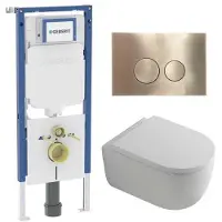 Geberit QeramiQ Dely Swirl Toiletset - 36.3x51.7cm - diepspoel - rimless - UP720 Duofix Sigma inbouwreservoir - 35mm zitting - geborsteld messing bedieningsplaat - ronde knoppen - wit mat