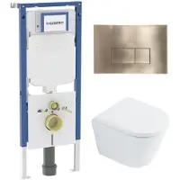 Geberit QeramiQ Dely Toiletset - 36.3x51.7cm - diepspoel - rimless - UP720 inbouwreservoir - softclose toilet zitting - 35mm - geborsteld messing bedieningsplaat - rechthoekige knoppen - met Burda