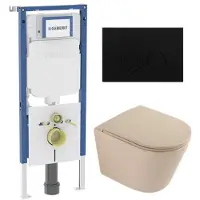 Geberit QeramiQ Dely Toiletset - 36.3x51.7cm - diepspoel - rimless - UP720 inbouwreservoir - softclose toilet zitting - metaal mat zwarte bedieningsplaat - ronde knoppen - mat beige