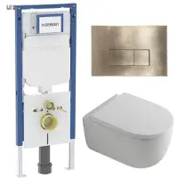 Geberit QeramiQ Dely Swirl Toiletset - 36.3x51.7cm - diepspoel - rimless - UP720 Duofix Sigma inbouwreservoir - 35mm zitting - geborsteld messing bedieningsplaat - rechtehoekige knoppen - wit mat