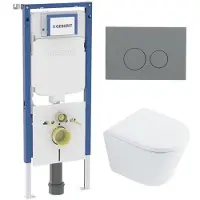 Geberit QeramiQ Dely Toiletset - 36.3x51.7cm - diepspoel - rimless - UP720 inbouwreservoir - softclose toilet zitting 35 mm - bedieningsplaat licht grijs - ronde knoppen - wit glans SW1026255 /