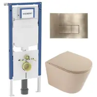 Geberit QeramiQ Dely Toiletset - 36.3x51.7cm - diepspoel - rimless - UP720 inbouwreservoir - softclose toilet zitting - geborsteld messing bedieningsplaat - rechthoekige knoppen - mat beige