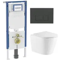 Geberit QeramiQ Dely Toiletset - 36.3x51.7cm - diepspoel - rimless - UP720 inbouwreservoir - softclose toiletzitting - bedieningsplaat antraciet mat - rechtehoekige knoppen - wit glans