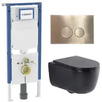 Geberit QeramiQ Dely Swirl Toiletset - 36.3x51.7cm - UP720 Duofix Sigma inbouwreservoir -slim zitting - geborsteld messing bedieningsplaat - ronde knoppen - mat zwart