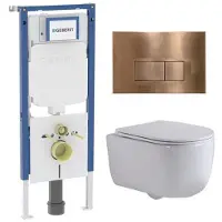 Geberit QeramiQ Dely Swirl Toiletset - 36.3x51.7cm - UP720 Duofix Sigma inbouwreservoir - slim zitting - koperen bedieningsplaat - rechthoekige knoppen - wit glans