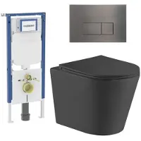 Geberit QeramiQ Dely Toiletset - 36.3x51.7cm - diepspoel - rimless - UP720 inbouwreservoir - softclose toiletzitting - gunmetal bedieningsplaat - rechtehoekige knoppen - met Burda frame - mat zwart