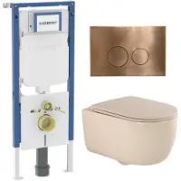 Geberit QeramiQ Dely Swirl Toiletset - 36.3x51.7cm - UP720 Duofix Sigma inbouwreservoir - slim zitting - koperen bedieningsplaat - ronde knoppen - beige SW1237202/SW706196/SW1000770/SW1026259