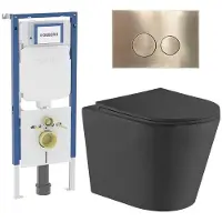Geberit QeramiQ Dely Toiletset - 36.3x51.7cm - diepspoel - rimless - UP720 inbouwreservoir - softclose toiletzitting - geborsteld messing bedieningsplaat - ronde knoppen - zwart mat