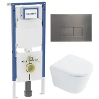 Geberit QeramiQ Dely Toiletset - 36.3x51.7cm - diepspoel - rimless - UP720 inbouwreservoir - softclose toilet zitting - 35mm - gunmetal bedieningsplaat - rechthoekige knoppen - met Burda frame - glans