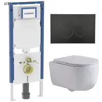 Geberit QeramiQ Dely Swirl Toiletset - 36.3x51.7cm - UP720 Duofix Sigma inbouwreservoir - slim zitting - mat zwarte metalen bedieningsplaat - ronde knoppen - wit glans
