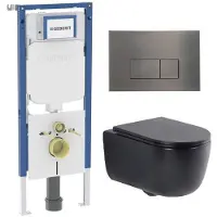 Geberit QeramiQ Dely Swirl Toiletset - 36.3x51.7cm - UP720 Duofix Sigma inbouwreservoir - slim zitting - gunmetal bedieningsplaat - rechthoekige knoppen - mat zwart