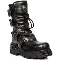 New rock zwart lederen halfhoge laarzen-391-S18