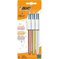 BIC 4 Kleuren Shine Balpen - Pen met 4 Kleuren - Medium Punt 1,0 mm - 3 Stuks