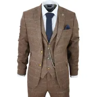 TruClothing Heren 3-Piece Wollen Pak Eikenbruin Tweed Visgraat Ruit Peaky Blinders Gatsby