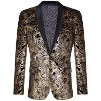 TruClothing Heren klassieke gouden paisley zwart fluwelen smoking dinerjas op maat gesneden blazer