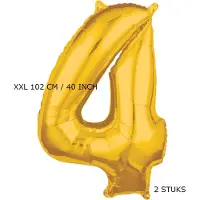 TGL Mega grote XXL gouden folie ballon cijfer 4 jaar. leeftijd verjaardag 4. 102 cm 40 inch. Met rietje om op te blazen. 2 stuks