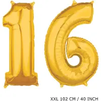 TGL Mega grote XXL gouden folie ballon cijfer 16 jaar. leeftijd verjaardag 16 jaar. 102 cm 40 inch. Met rietje om ballonnen mee op te blazen.