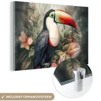 MuchoWow Glasschilderij 60x40 cm - Schilderij acrylglas - Toekan - Vogels - Bloemen - Planten - Tropisch - Foto op glas - Muurdecoratie woonkamer - Wanddecoratie slaapkamer - Schilderijen