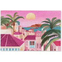 MuchoWow Deurmat 60x40 cm - Droogloopmat Stad - Roze - Palmbomen - Mat voor binnen - Schoonloopmat - Deurmatten met print - Inloopmat