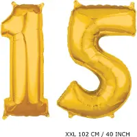 TGL Mega grote XXL gouden folie ballon cijfer 15 jaar. leeftijd verjaardag 15 jaar. 102 cm 40 inch. Met rietje om ballonnen mee op te blazen.