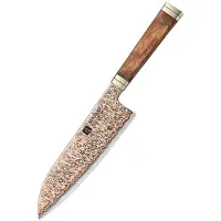 Xinzuo - Professioneel Santoku koksmes van Koper Damascus staal - 52 lagen rondom harde 12Cr18MoV kern - Handvat van Padauk Burl hout - X08C Retro Series