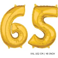 TGL Mega grote XXL gouden folie ballon cijfer 65 jaar. Pensioen, leeftijd verjaardag 65 jaar. 102 cm 40 inch. Met rietje om ballonnen mee op te blazen.