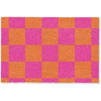 MuchoWow Deurmat 90x60 cm - Droogloopmat Schaakbord print - Oranje - Roze - Blokjes - Mat voor binnen - Schoonloopmat - Deurmatten met print - Inloopmat