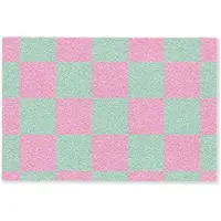 MuchoWow Deurmat 90x60 cm - Droogloopmat Schaakbord patroon - Groen - Roze - Blokjes - Mat voor binnen - Schoonloopmat - Deurmatten met print - Inloopmat