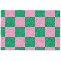 MuchoWow Deurmat 90x60 cm - Droogloopmat Schaakbord patroon - Groen - Roze - Blokjes - Mat voor binnen - Schoonloopmat - Deurmatten met print - Inloopmat