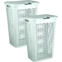 PlasticForte Wasmand Ventilation - 2x - met deksel - groen - kunststof - 51 liter - 43 x 35 x 61 cm - Badkamer - Wasgoed - Nieuw design - Zeer stevig