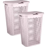 PlasticForte Wasmand Ventilation - 2x - met deksel - roze - kunststof - 51 liter - 43 x 35 x 61 cm - Badkamer - Wasgoed - Nieuw design - Zeer stevig