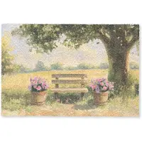 MuchoWow Deurmat 90x60 cm - Droogloopmat Houten bankje - Bloempotten - Landschap - Mat voor binnen - Schoonloopmat - Deurmatten met print - Inloopmat