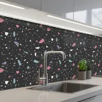 KitchenYeah Keuken achterwand 400x80 cm - Spatscherm zelfklevend Terrazzo - Patroon - Zwart - Zacht - Muurbeschermer - Spatwand fornuis