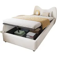 Merax Gestoffeerd Bed voor Kinderen - Eenpersoonsbed 90x200 cm - Katten Design - Bed met Hydraulische Opbergruimte en Greepbanden - Fluweel Beige - Inclusief Houten Lattenbodem