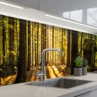 KitchenYeah Keuken achterwand 350x60 cm - Spatscherm zelfklevend Zon - Bomen - Bos - Landschap - Natuur - Muurbeschermer - Spatwand fornuis