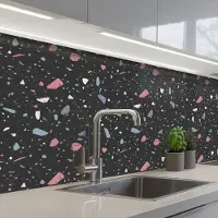 KitchenYeah Keuken achterwand 250x60 cm - Spatscherm zelfklevend Terrazzo - Patroon - Zwart - Zacht - Muurbeschermer - Spatwand fornuis