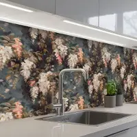 KitchenYeah Keuken achterwand 250x60 cm - Spatscherm zelfklevend Bloemen - Bladeren - Donker - Patroon - Muurbeschermer - Spatwand fornuis