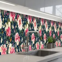 KitchenYeah Keuken achterwand 300x60 cm - Spatscherm zelfklevend Patronen - Roos - Bladeren - Muurbeschermer - Spatwand fornuis