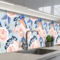 KitchenYeah Keuken achterwand 500x80 cm - Spatscherm zelfklevend Patronen - Roos - Vogel - Blauw - Muurbeschermer - Spatwand fornuis